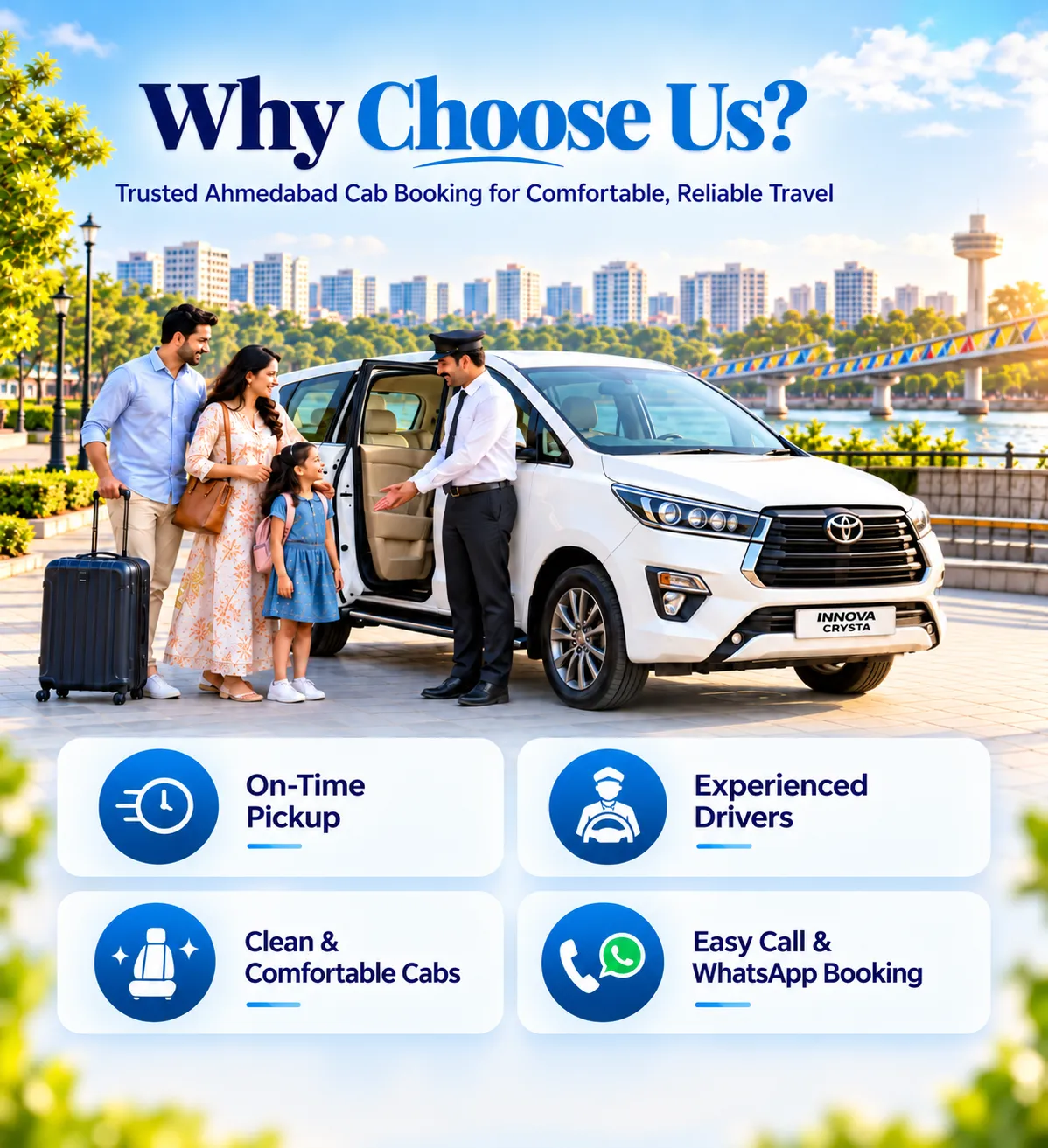 Family being welcomed by a driver beside an Innova Crysta for cab service in Ahmedabad.