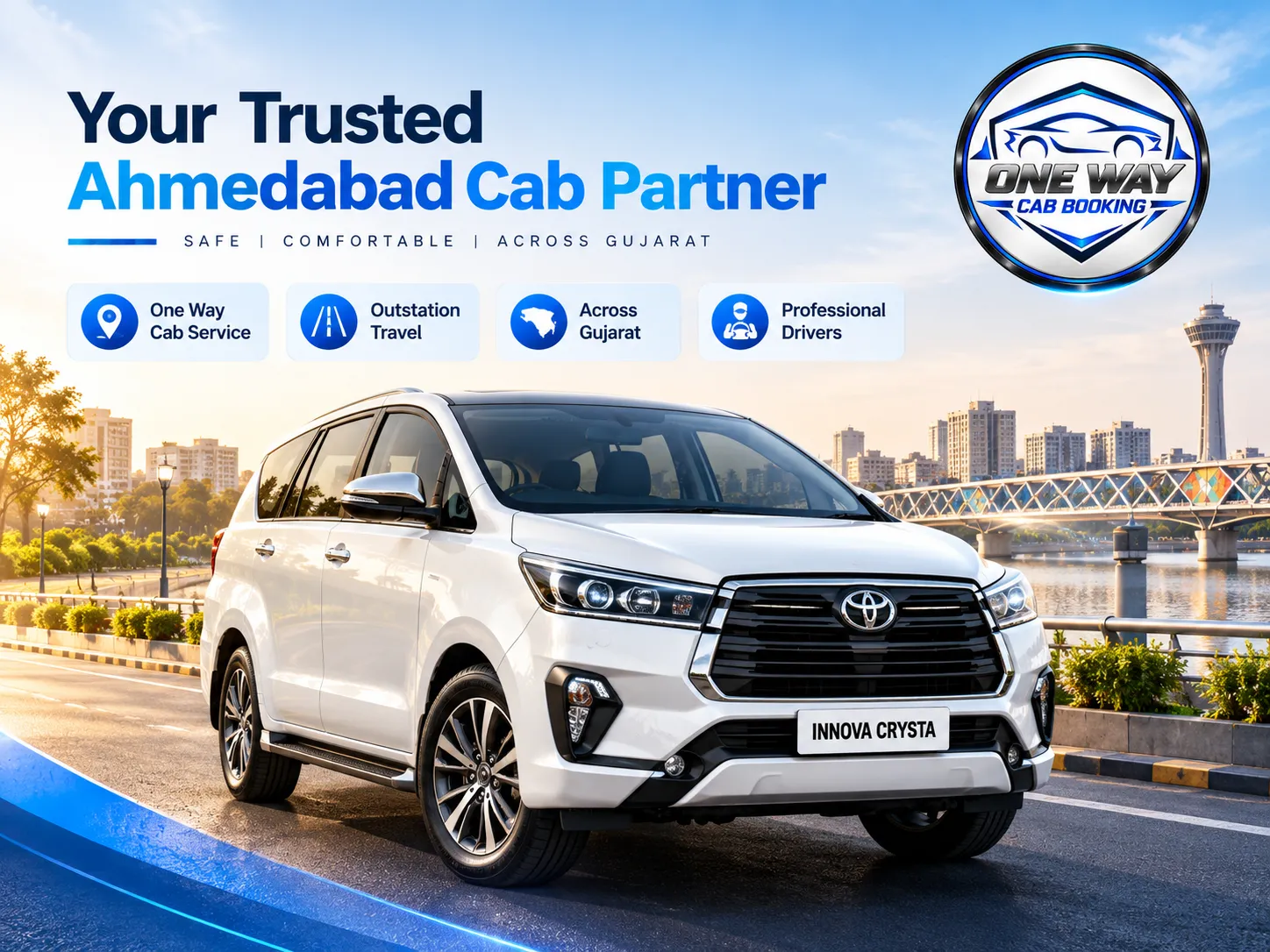 White Innova Crysta representing a trusted Ahmedabad cab partner for one way, outstation and Gujarat intercity travel.