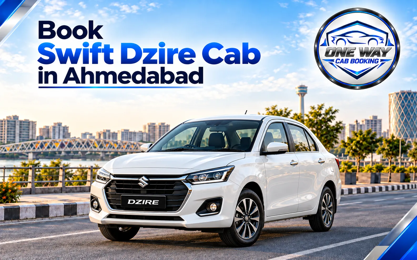 White Swift Dzire available for comfortable taxi service in Ahmedabad and outstation journeys.