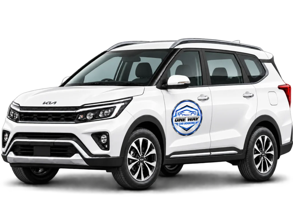 White Kia Carens available for local and outstation cab service in Ahmedabad.