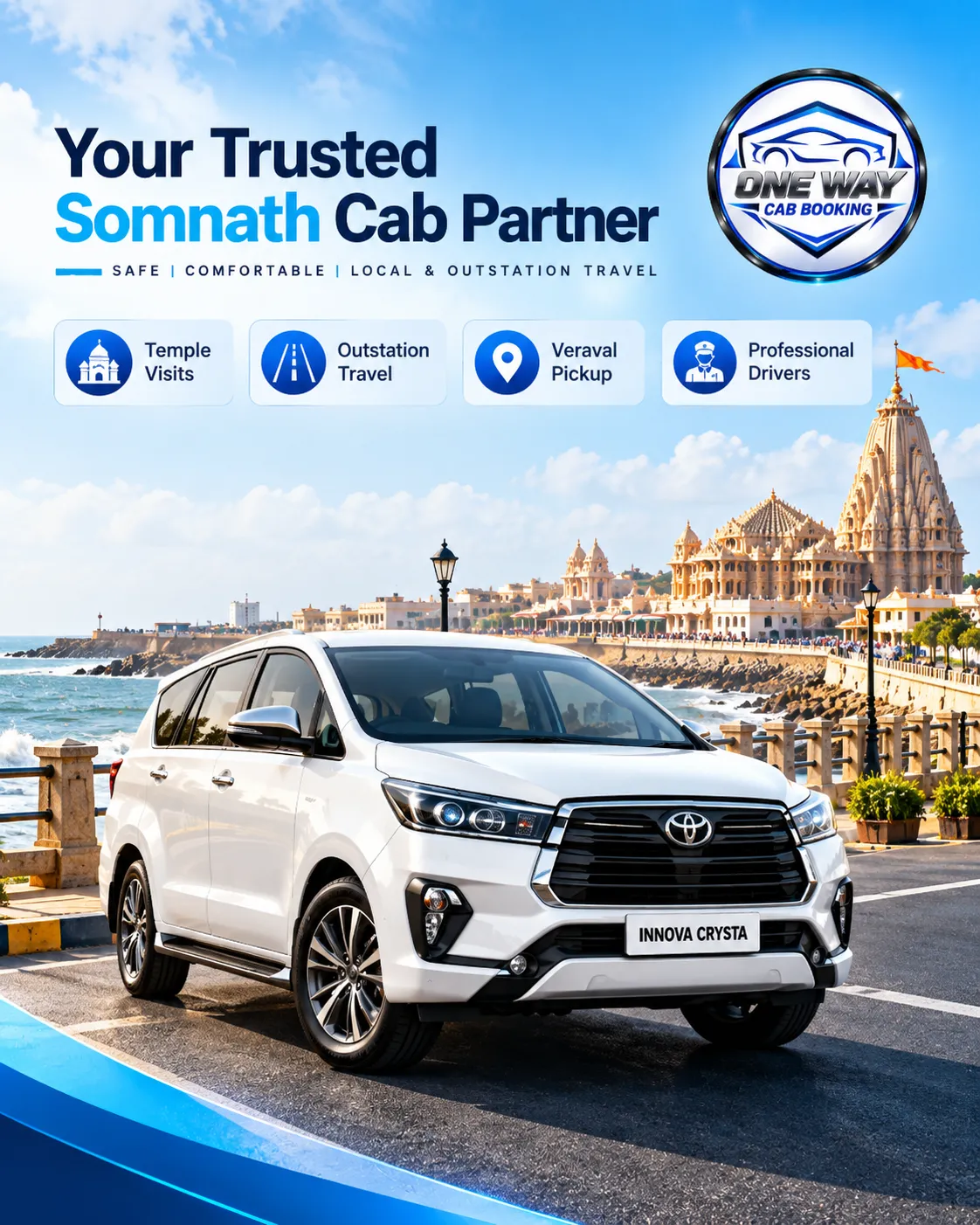 Book reliable cab service in Somnath for temple visits, Veraval pickup, local travel and outstation trips with comfortable vehicles and booking support.