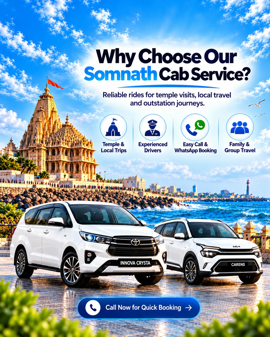 Choose our Somnath cab service for temple visits, local trips, family travel and outstation journeys with experienced drivers and easy call or WhatsApp booking.