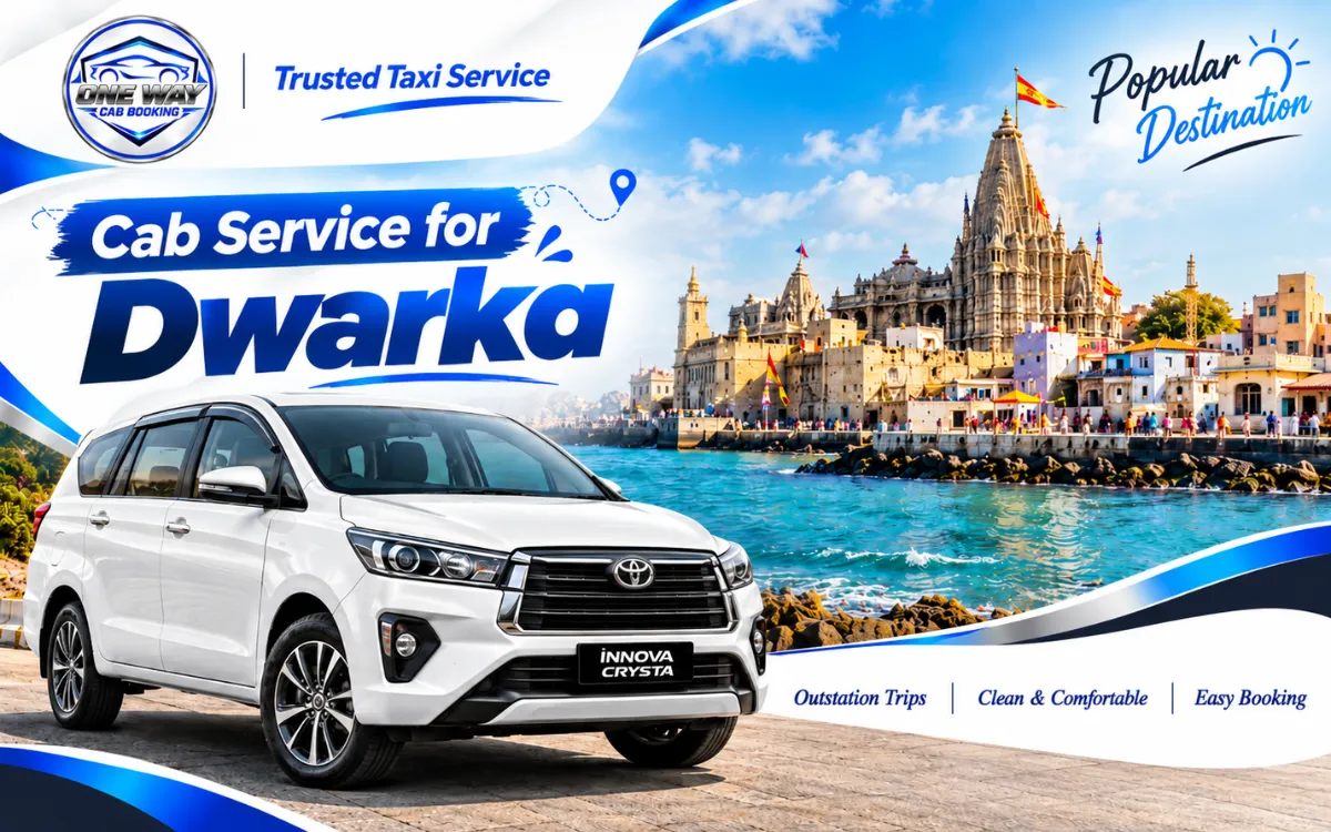 Best taxi service in Ahmedabad for Dwarka trips featuring a white Innova Crysta with Dwarkadhish Temple in the background.
