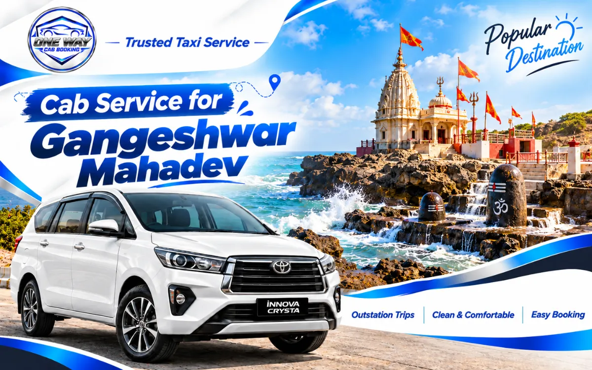 Ahmedabad to Gangeshwar Mahadev Diu taxi service featuring a white Innova Crysta with a coastal Shiva temple and sea waves.