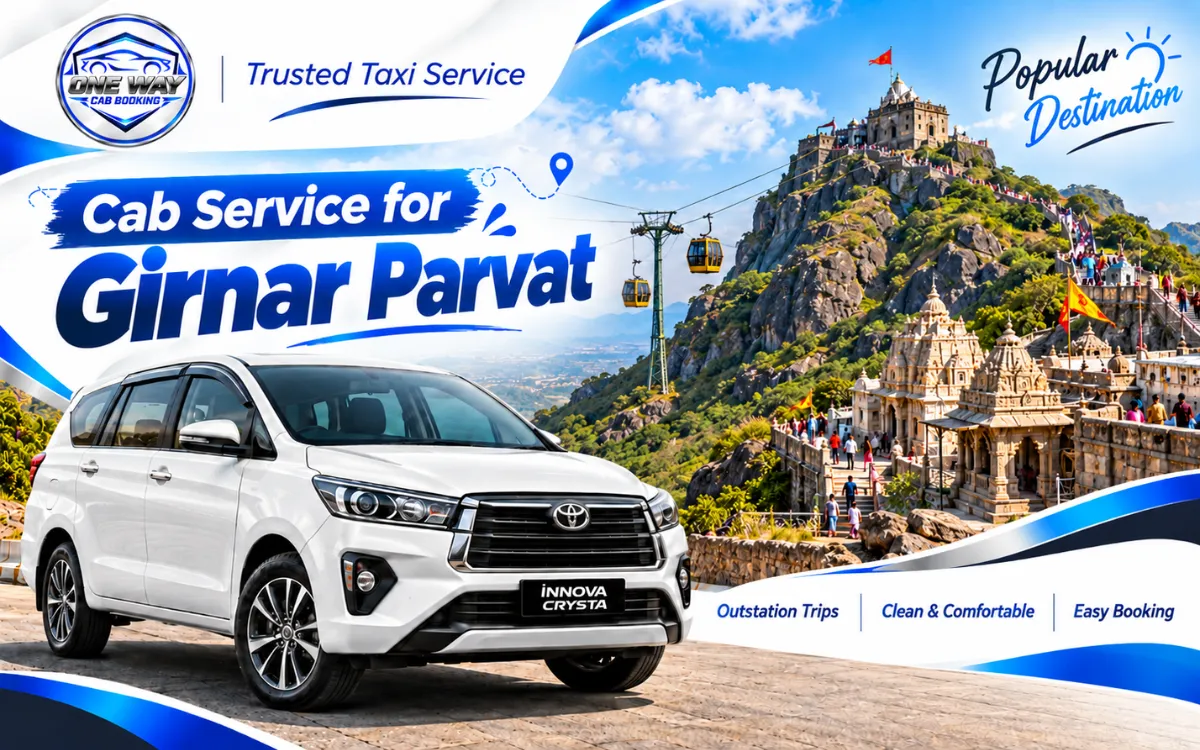Ahmedabad to Girnar Parvat cab service featuring a white Innova Crysta with mountain temples and ropeway views.