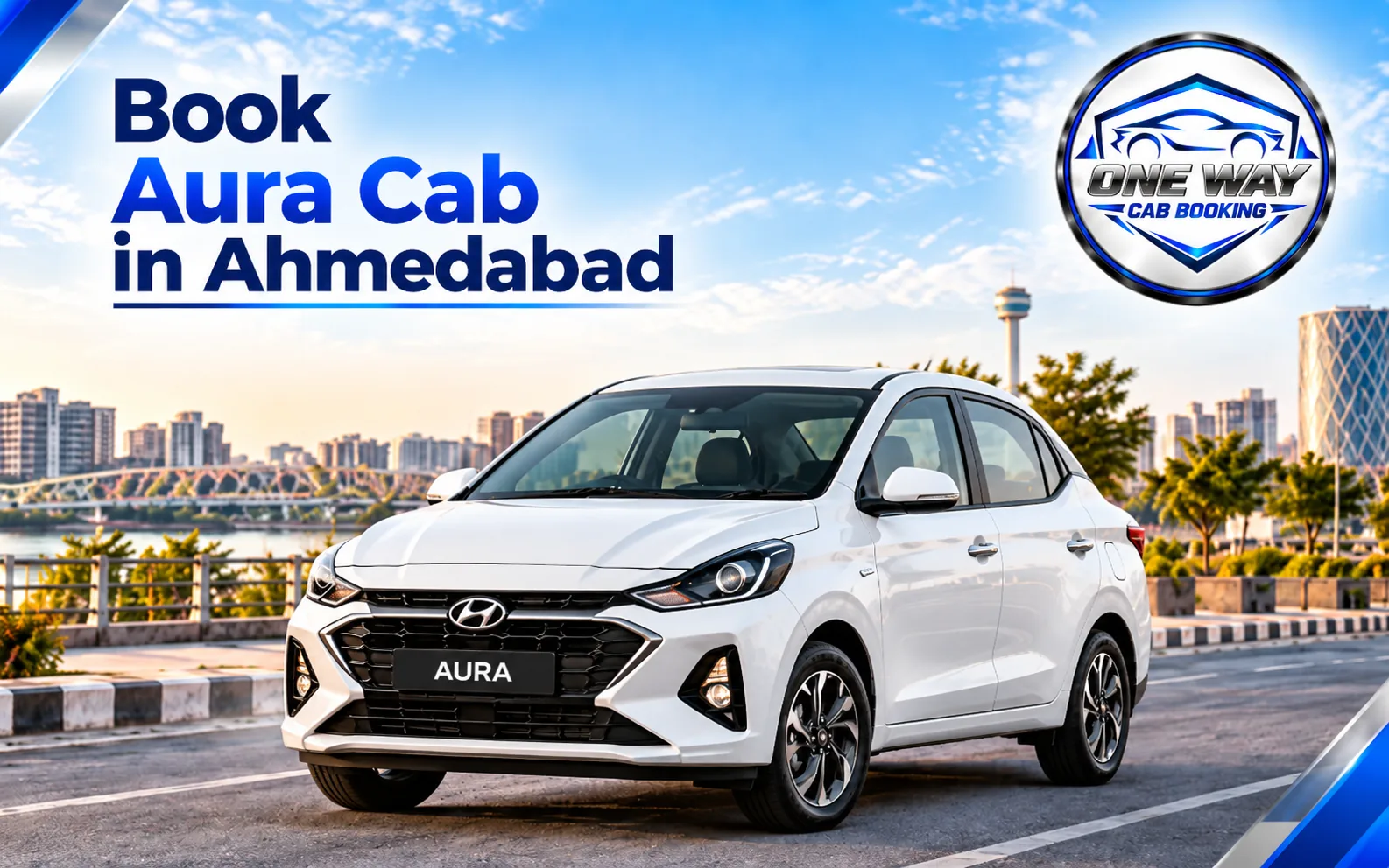White Hyundai Aura available for local and outstation taxi service in Ahmedabad.
