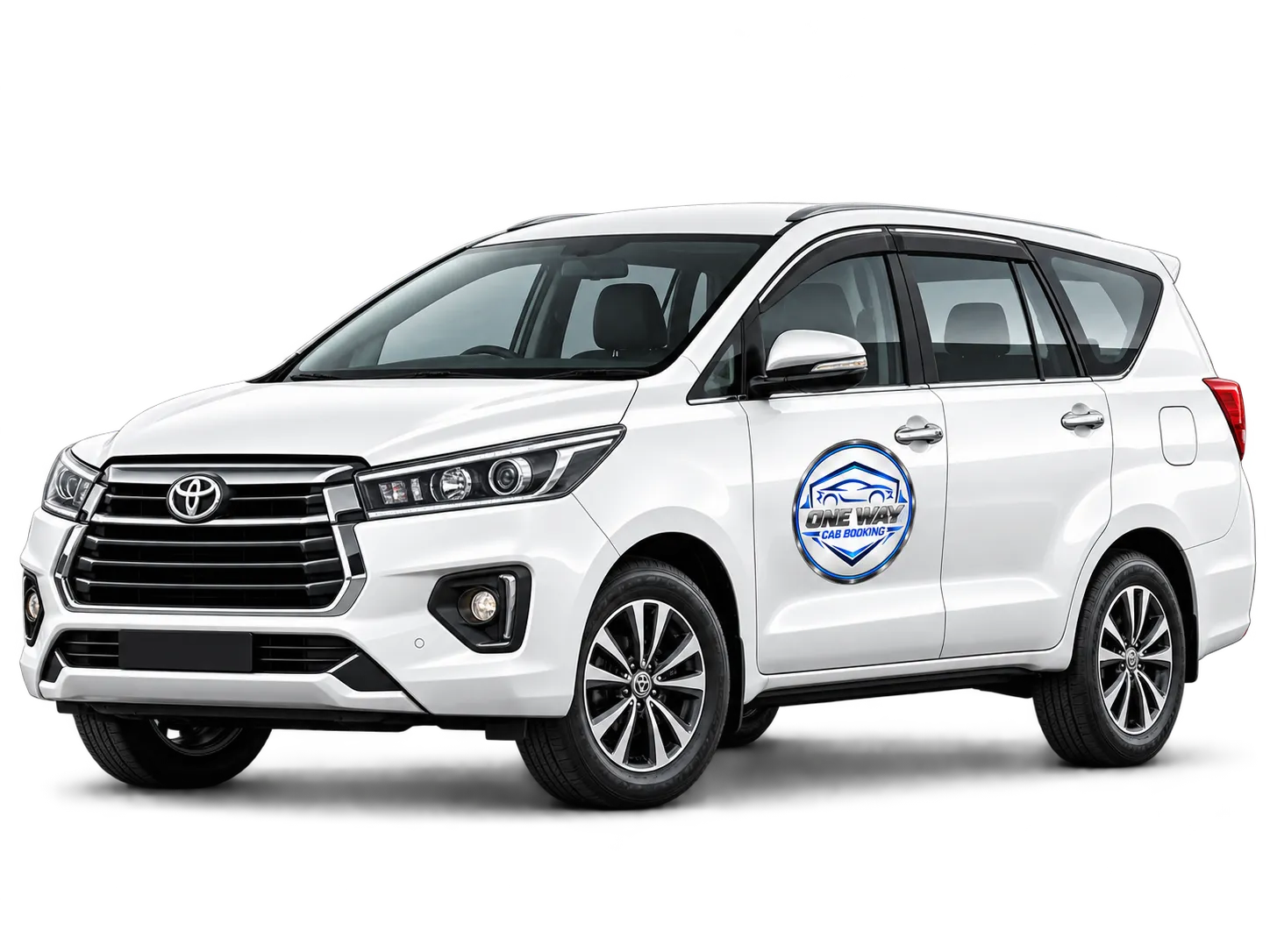 White Innova Crysta for cab service in Ahmedabad with One Way Cab Booking branding.