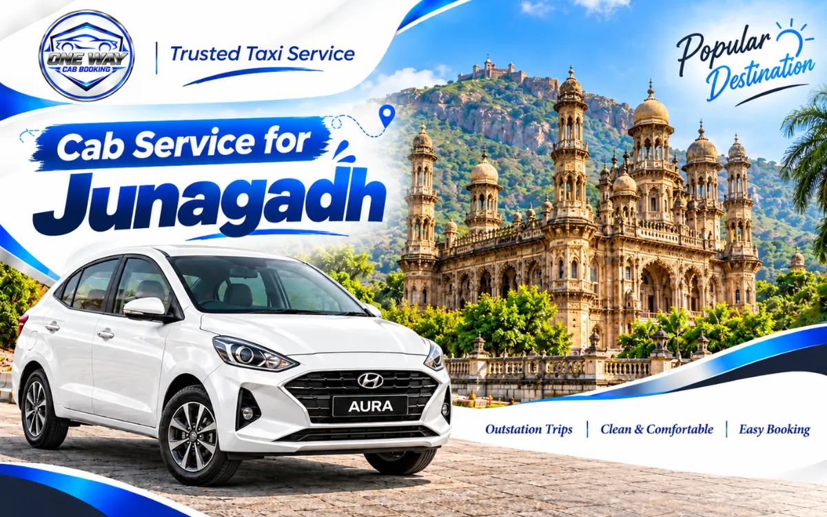 Ahmedabad to Junagadh taxi service featuring a white Hyundai Aura with historic architecture and green hills in the background.