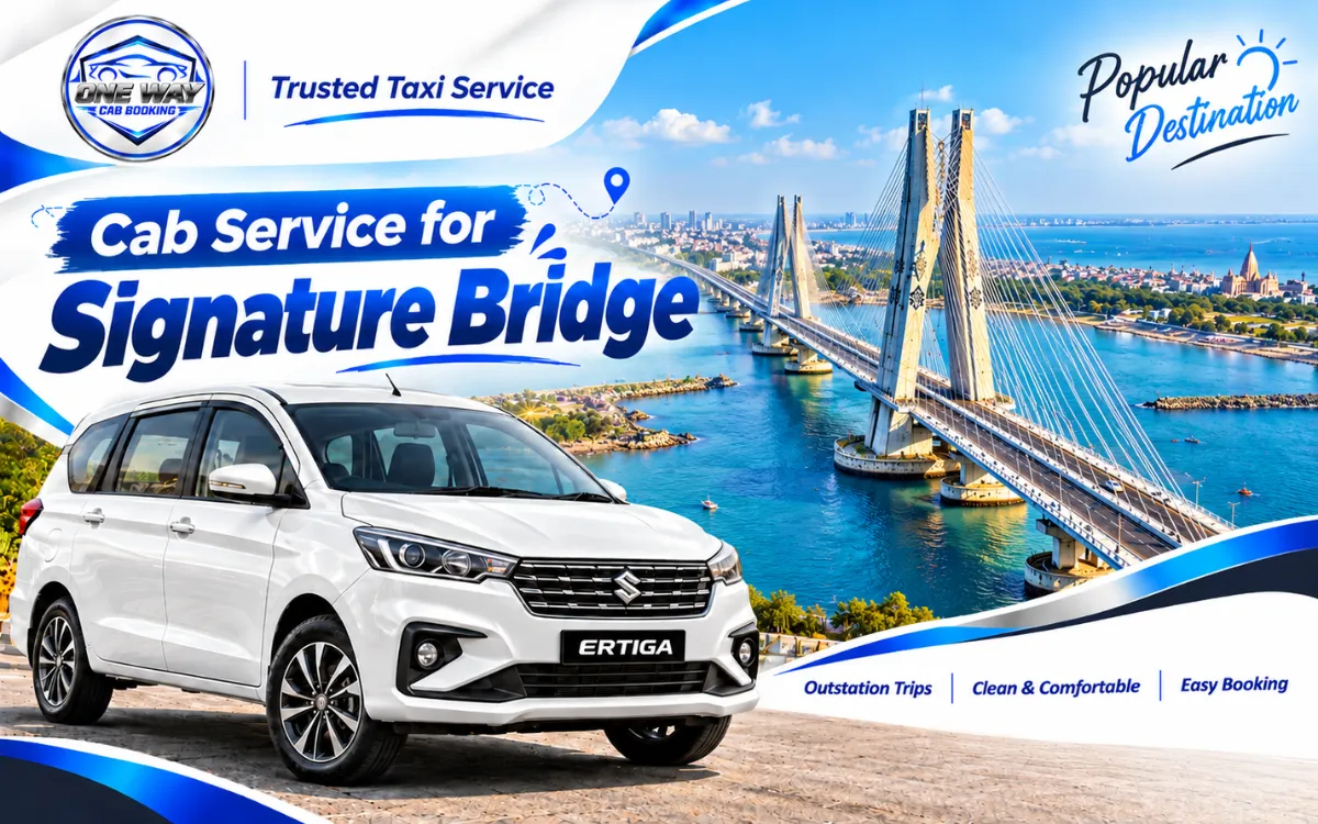 Ahmedabad taxi service for Signature Bridge sightseeing featuring a white Ertiga with a scenic cable-stayed bridge in the background.