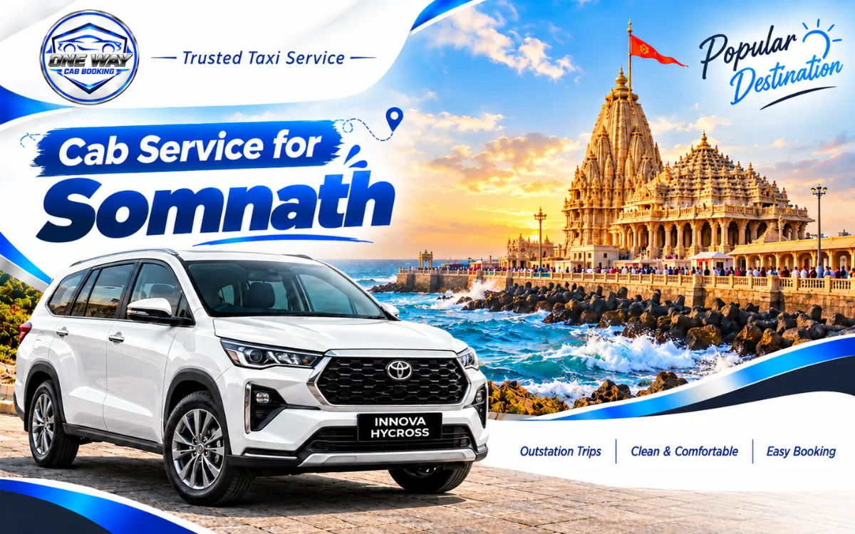 Ahmedabad to Somnath cab service featuring a white Innova Hycross with Somnath Temple and scenic Arabian Sea views.