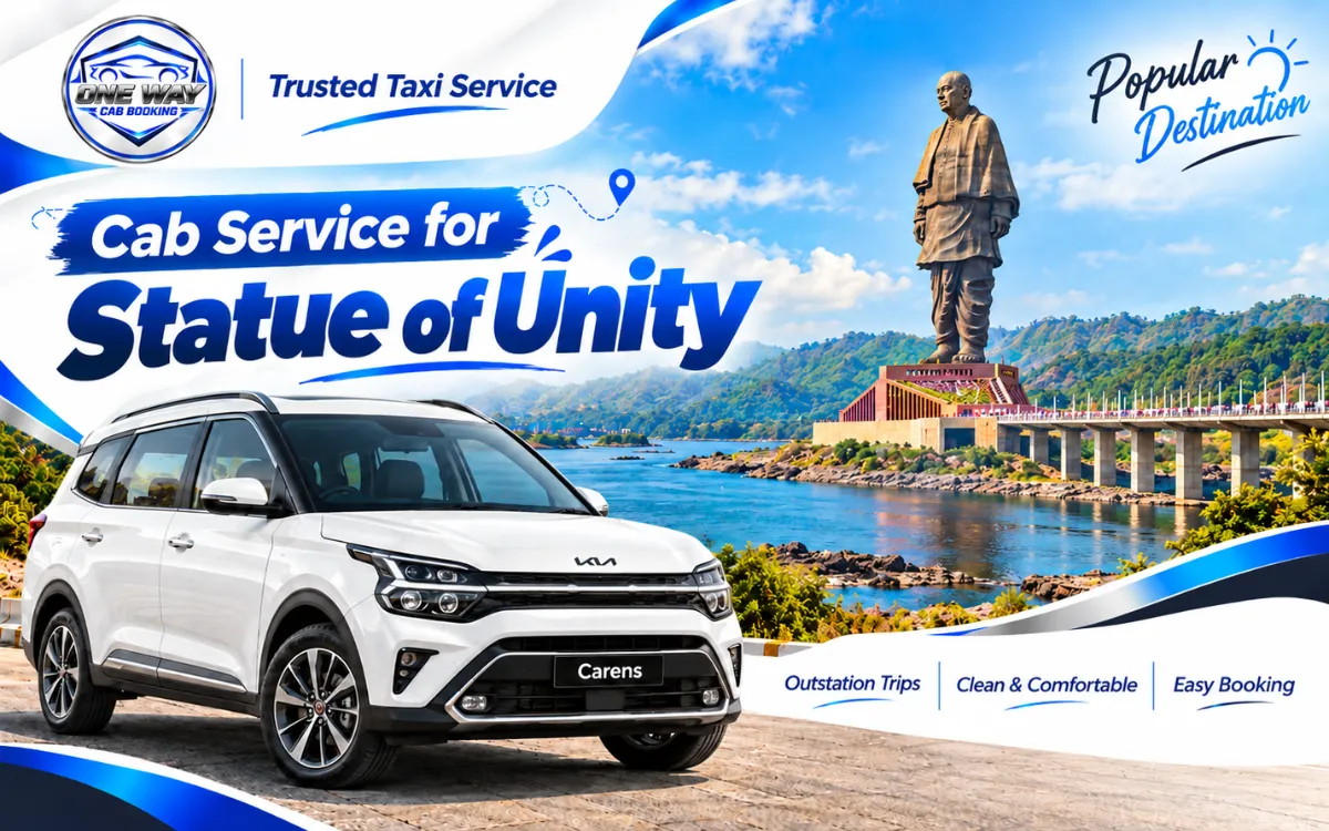 Best taxi service in Ahmedabad for Statue of Unity trips featuring a white Kia Carens with the monument and river in the backgrou