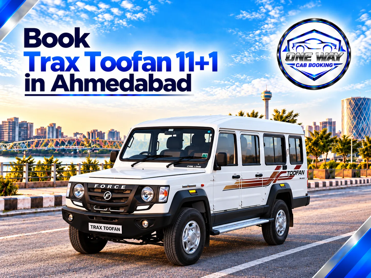 White Trax Toofan 11+1 seater available for group travel and cab service in Ahmedabad.