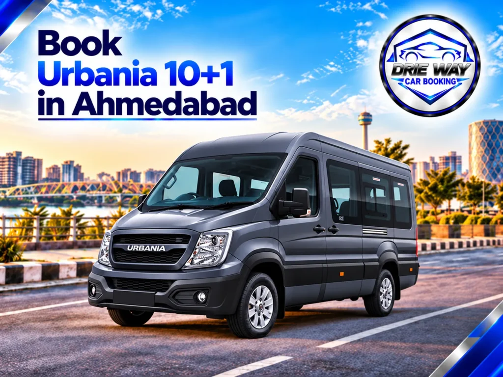 Grey Urbania 10+1 seater available for group travel and cab service in Ahmedabad.