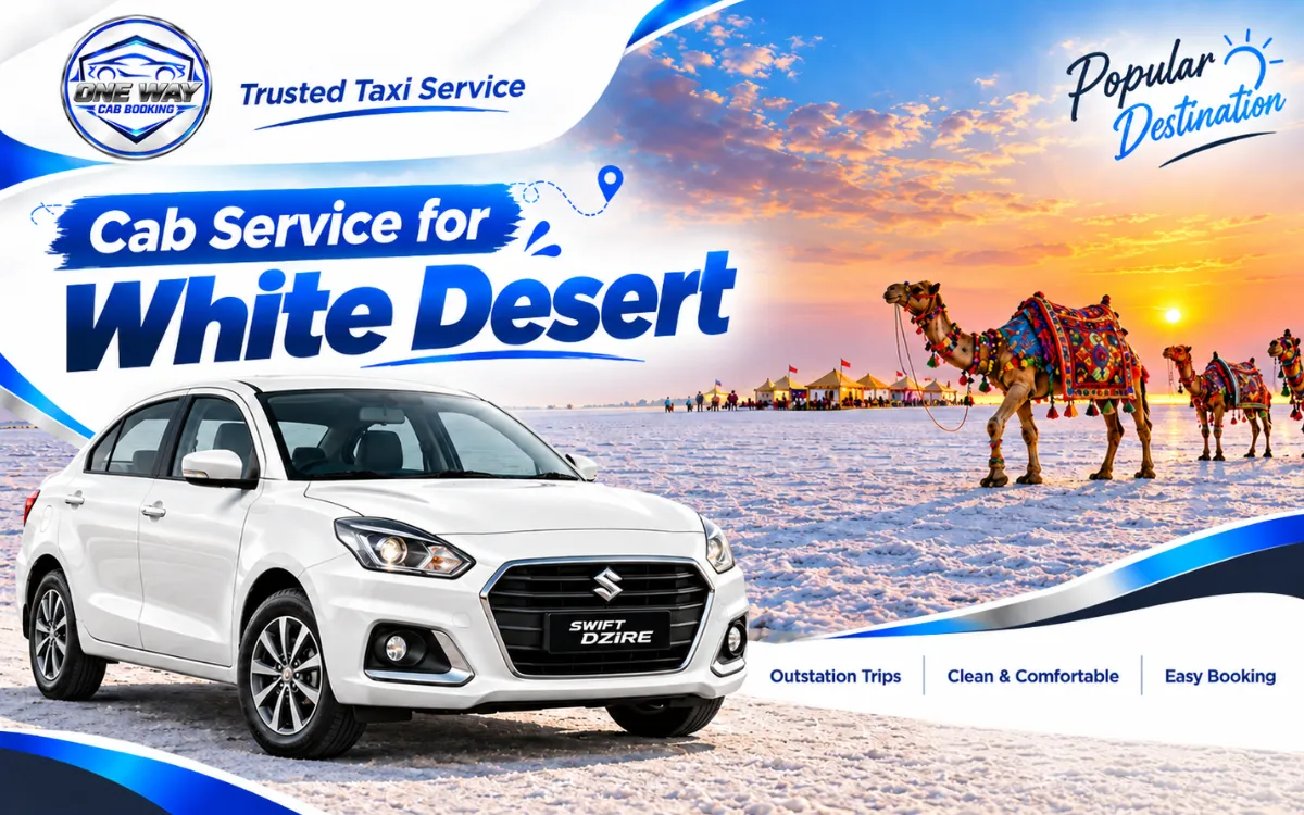 Ahmedabad to White Desert Kutch cab service featuring a white Swift Dzire with salt desert scenery and decorated camels.